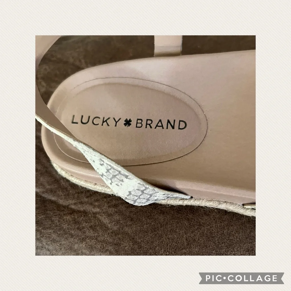NEW Lucky Brand Cream Gray Reptile Print Straw Sole Bohemian Strappy Sandals - Picture 2 of 6